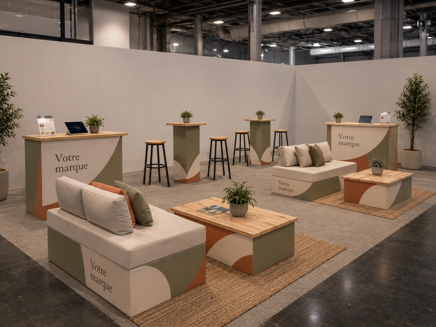 Stand salon lounge avec mobilier personnalisé aux couleurs vert sauge, terracotta et crème