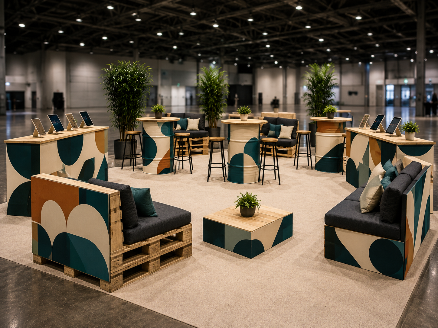 Stand salon avec mobilier en bidons et palettes habillé d'un motif géométrique bleu canard, terracotta et crème