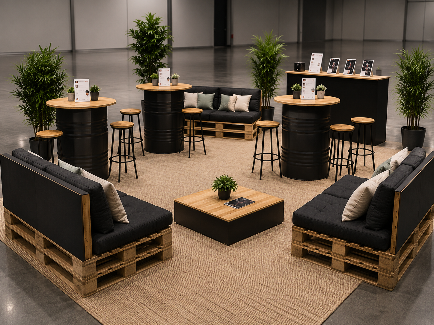 Stand salon en bidons noirs, comptoirs sombres et banquettes en palettes