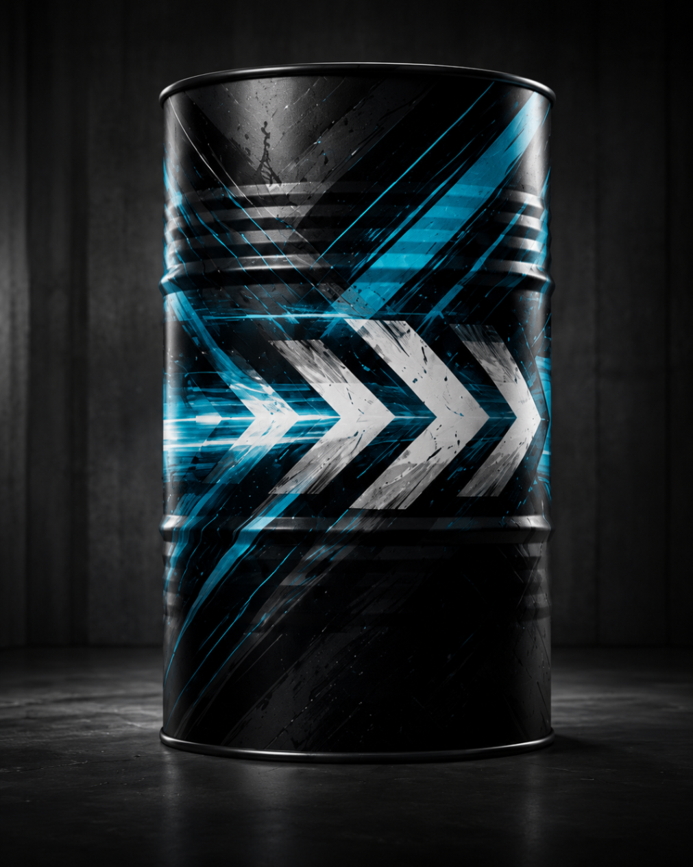 Bidon noir avec flèches blanches et bleues pour activation de marque