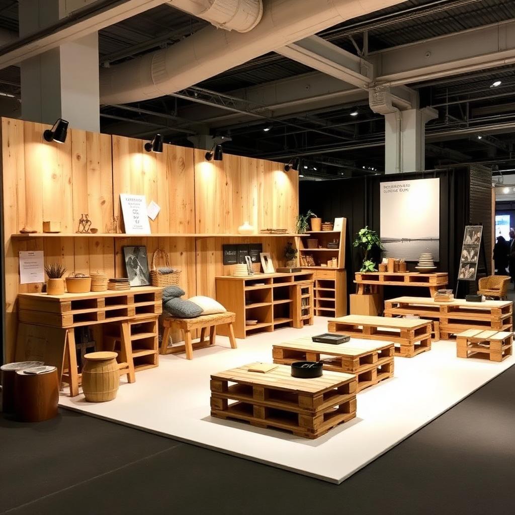 Stand salon sur mesure composé de bidons, palettes et comptoirs en bois clair dans une ambiance atelier
